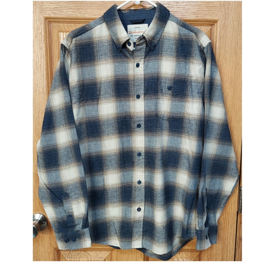 Weatherproof Vintage Mens Large Blue Tan Plaid Flannel Button Down Shirt